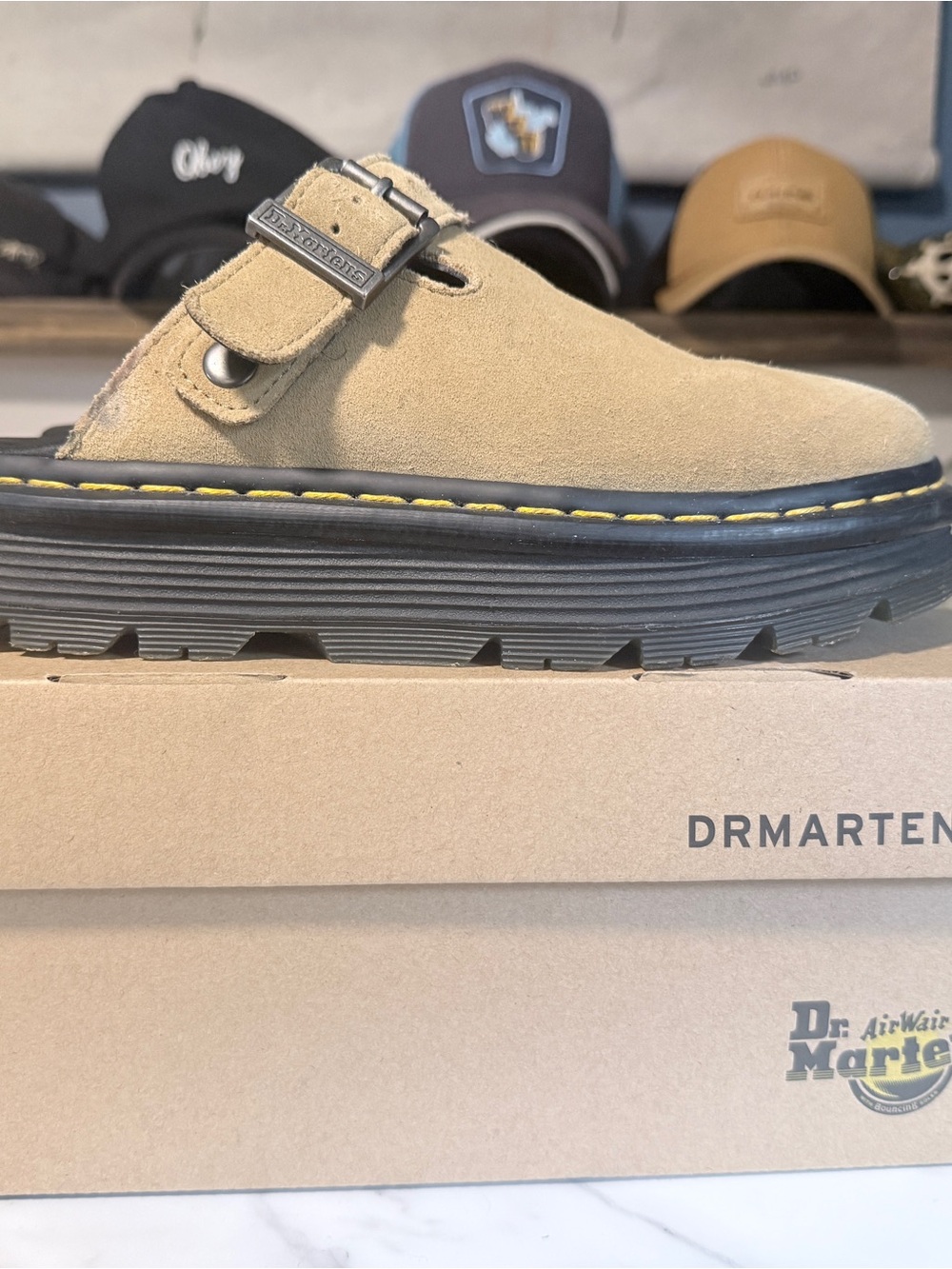 Dr. Martens Tan Suede Jadon Mule with Black Sole and Yellow Stitching